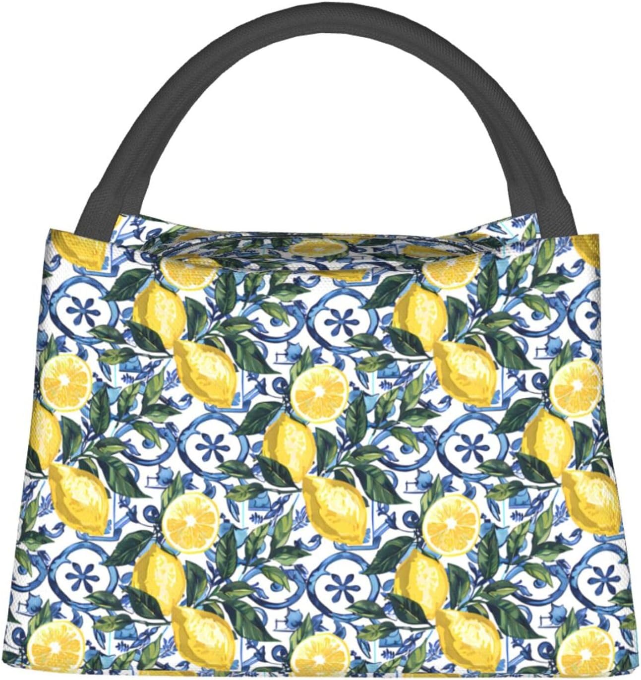 MIEPOSLemon Lunch Box with Mediterranean Citrus Tile Pattern for Girls and Adults,Lightweight Handbag with Zipper Closure,Portable Cosmetic Bag for School,Work,Office,Travel and Picnic Gifts