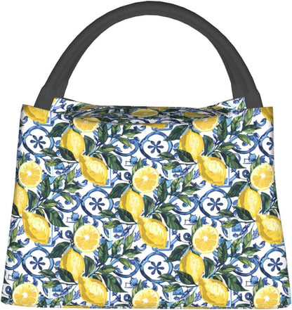 MIEPOSLemon Lunch Box with Mediterranean Citrus Tile Pattern for Girls and Adults,Lightweight Handbag with Zipper Closure,Portable Cosmetic Bag for School,Work,Office,Travel and Picnic Gifts