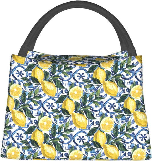 MIEPOSLemon Lunch Box with Mediterranean Citrus Tile Pattern for Girls and Adults,Lightweight Handbag with Zipper Closure,Portable Cosmetic Bag for School,Work,Office,Travel and Picnic Gifts
