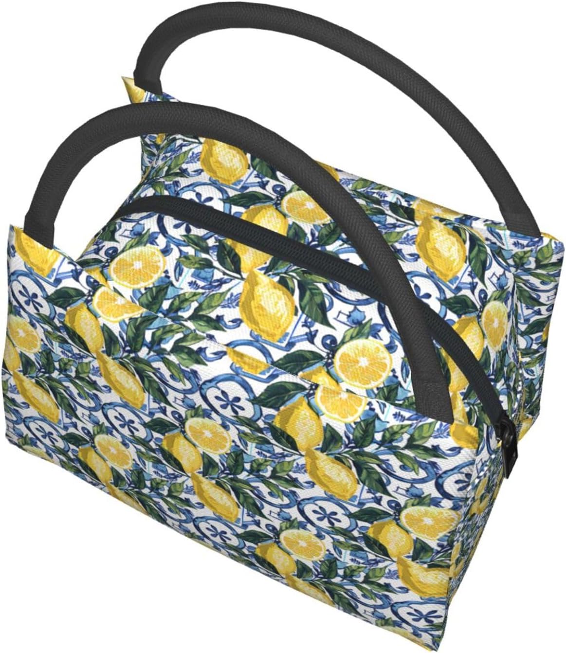 MIEPOSLemon Lunch Box with Mediterranean Citrus Tile Pattern for Girls and Adults,Lightweight Handbag with Zipper Closure,Portable Cosmetic Bag for School,Work,Office,Travel and Picnic Gifts