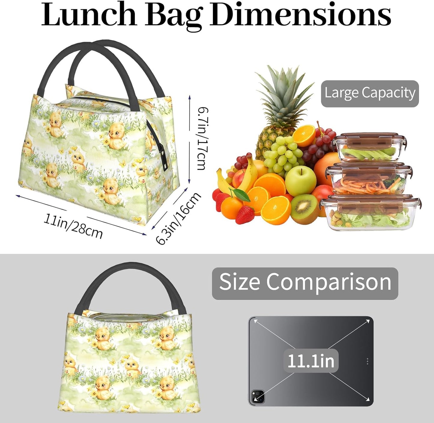 MIEPOSLemon Lunch Box with Mediterranean Citrus Tile Pattern for Girls and Adults,Lightweight Handbag with Zipper Closure,Portable Cosmetic Bag for School,Work,Office,Travel and Picnic Gifts