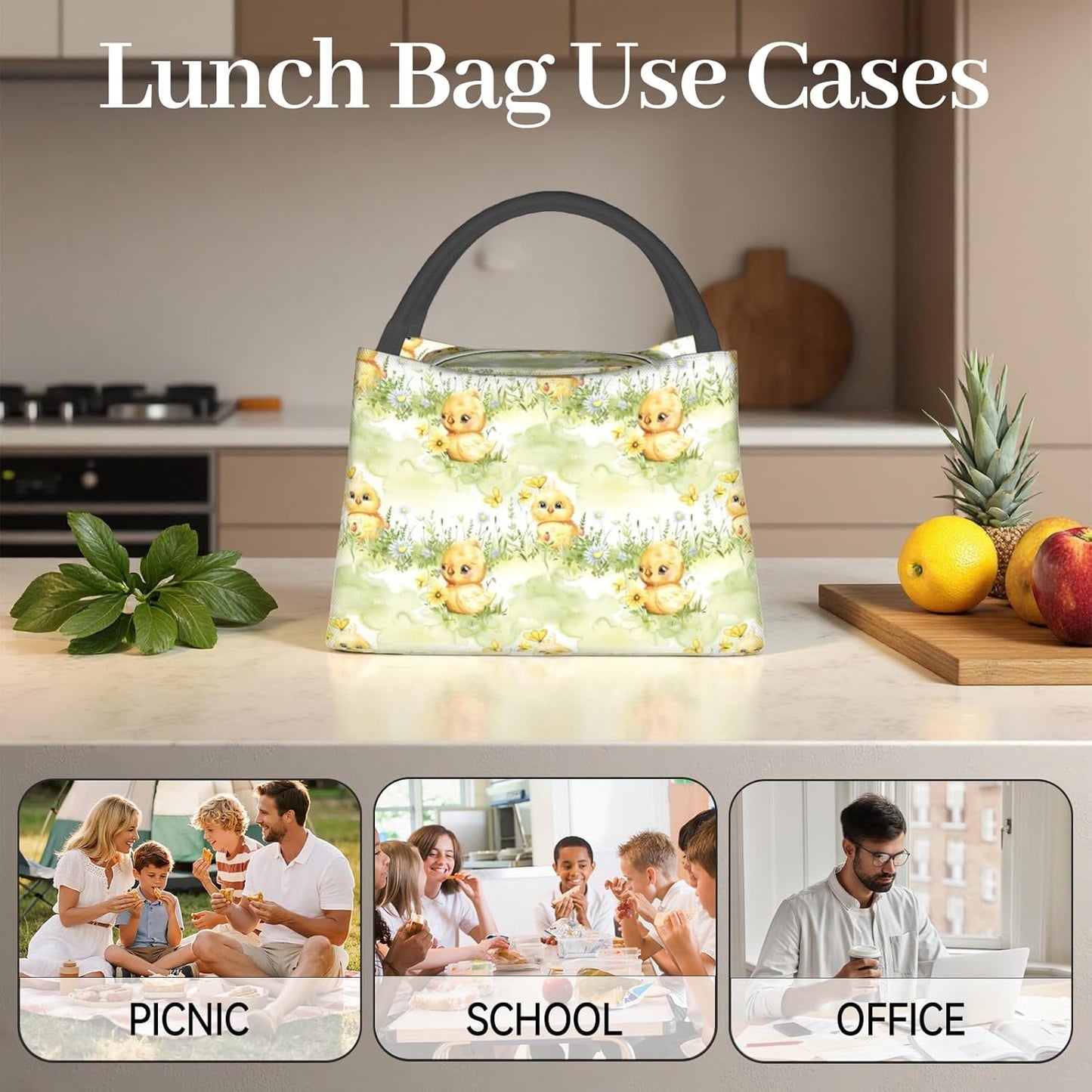 MIEPOSLemon Lunch Box with Mediterranean Citrus Tile Pattern for Girls and Adults,Lightweight Handbag with Zipper Closure,Portable Cosmetic Bag for School,Work,Office,Travel and Picnic Gifts