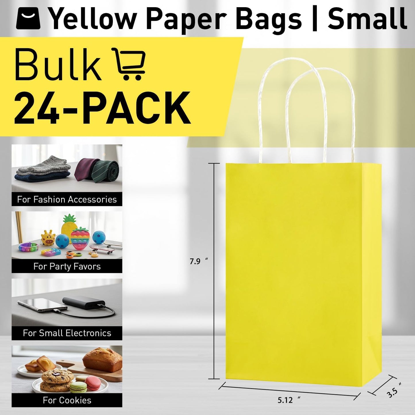 24-Pack Yellow Gift Bags with Handles – 8" Goodie Bags for Party Favor Bags, Birthdays, Easter & Special Occasions (Yellow)