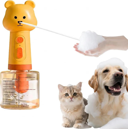 Electric Dog Shampoo Foamer – Portable Shampoo Frother & Foaming Soap Dispenser for Pets, Rechargeable 400ml Bottle, IPX7 Waterproof, Cute Yellow Bear Design (Like Duck Soap Dispenser)