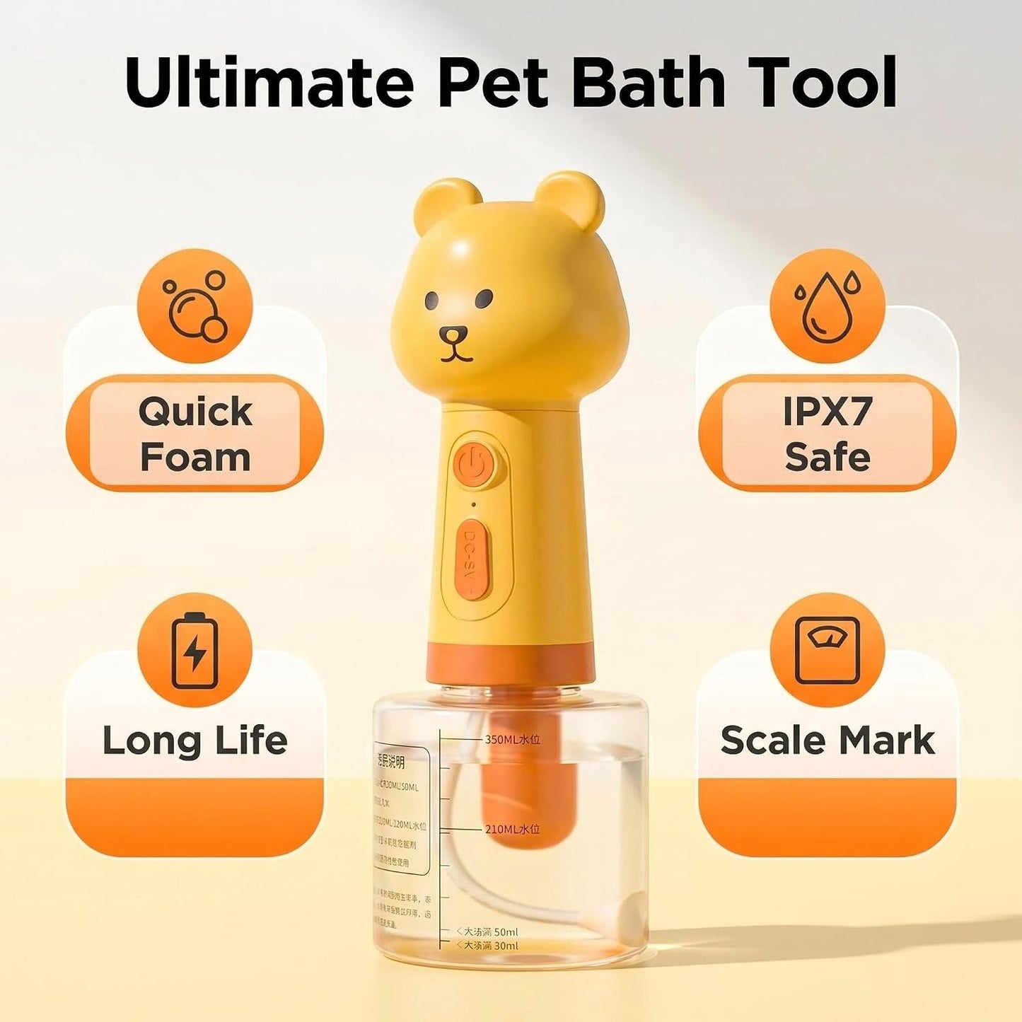 Electric Dog Shampoo Foamer – Portable Shampoo Frother & Foaming Soap Dispenser for Pets, Rechargeable 400ml Bottle, IPX7 Waterproof, Cute Yellow Bear Design (Like Duck Soap Dispenser)