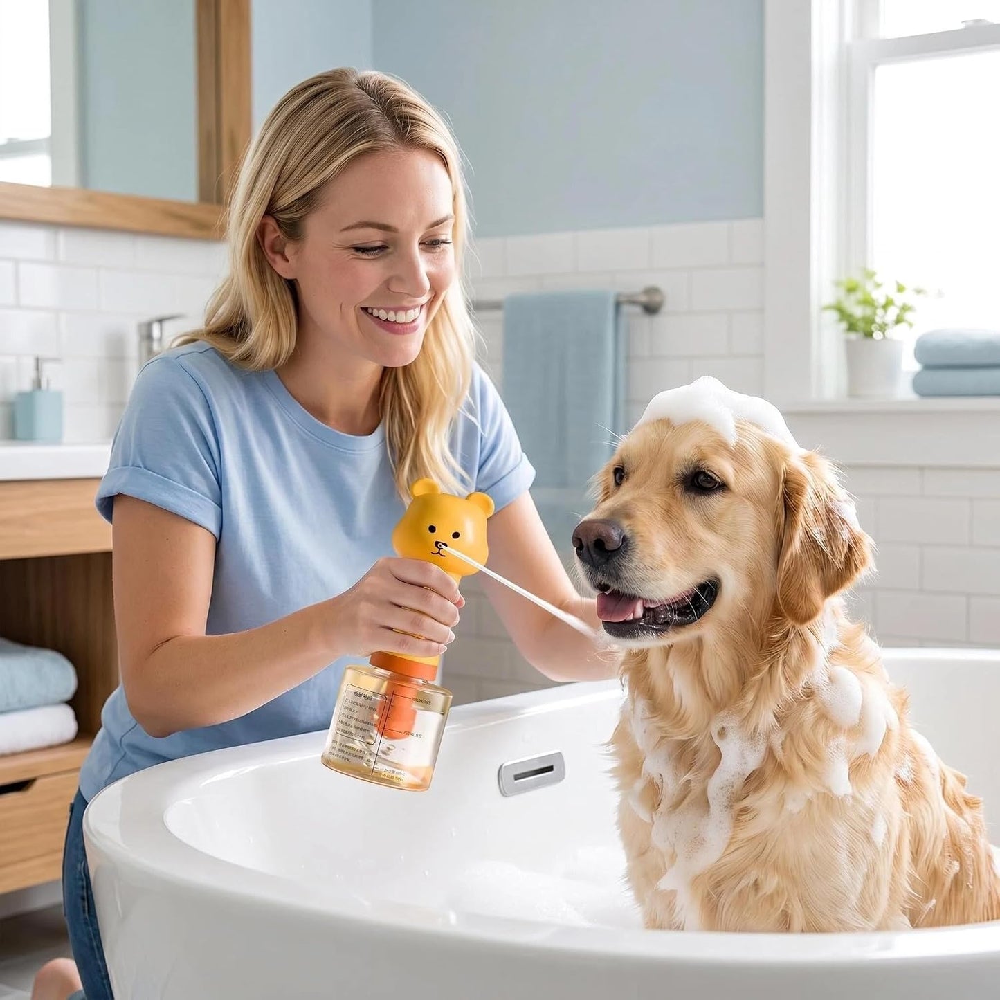 Electric Dog Shampoo Foamer – Portable Shampoo Frother & Foaming Soap Dispenser for Pets, Rechargeable 400ml Bottle, IPX7 Waterproof, Cute Yellow Bear Design (Like Duck Soap Dispenser)