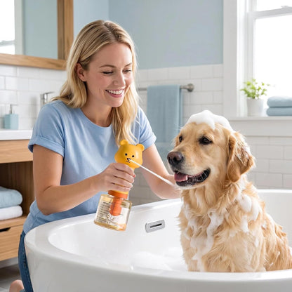 Electric Dog Shampoo Foamer – Portable Shampoo Frother & Foaming Soap Dispenser for Pets, Rechargeable 400ml Bottle, IPX7 Waterproof, Cute Yellow Bear Design (Like Duck Soap Dispenser)