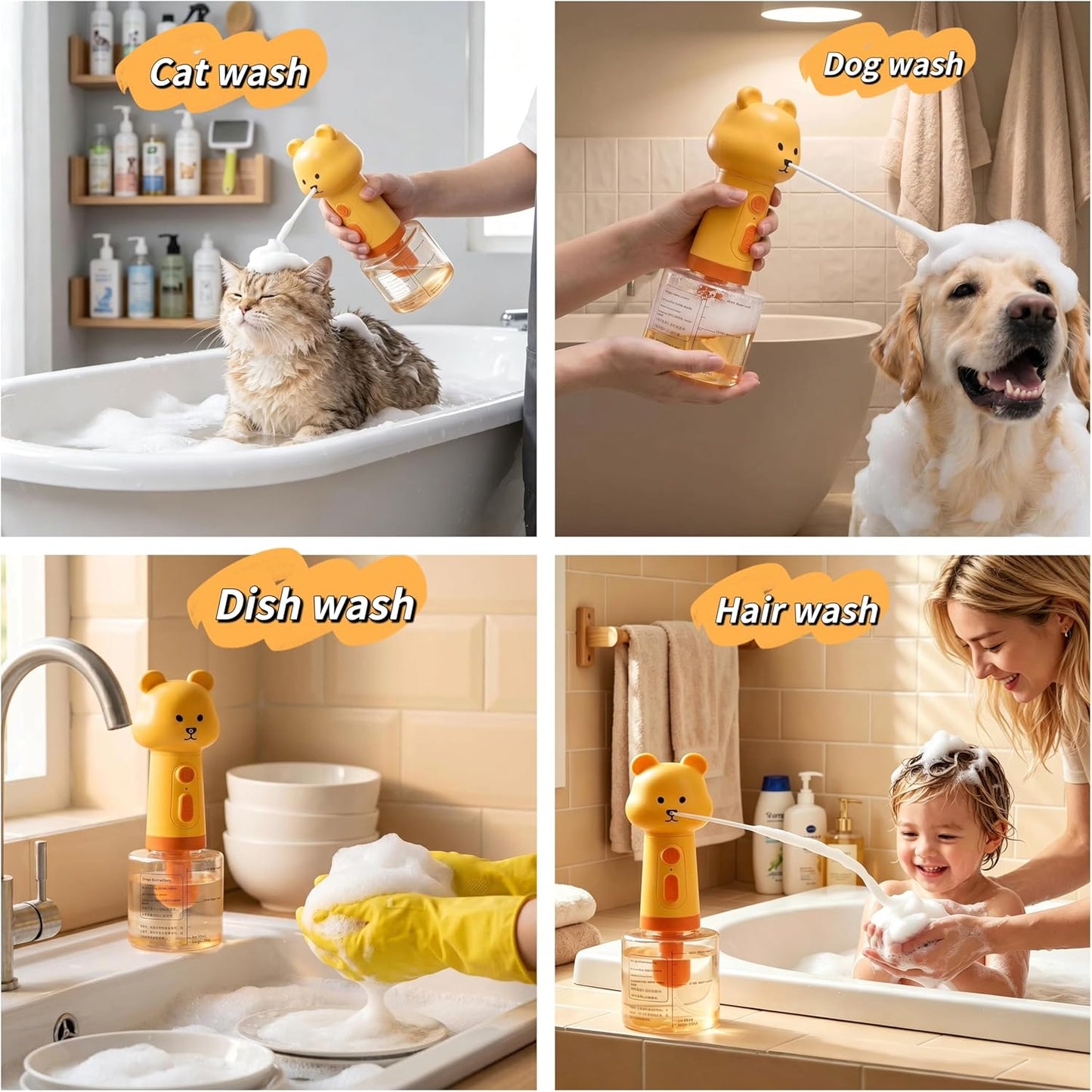 Electric Dog Shampoo Foamer – Portable Shampoo Frother & Foaming Soap Dispenser for Pets, Rechargeable 400ml Bottle, IPX7 Waterproof, Cute Yellow Bear Design (Like Duck Soap Dispenser)
