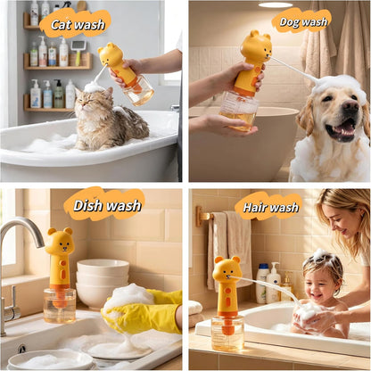 Electric Dog Shampoo Foamer – Portable Shampoo Frother & Foaming Soap Dispenser for Pets, Rechargeable 400ml Bottle, IPX7 Waterproof, Cute Yellow Bear Design (Like Duck Soap Dispenser)