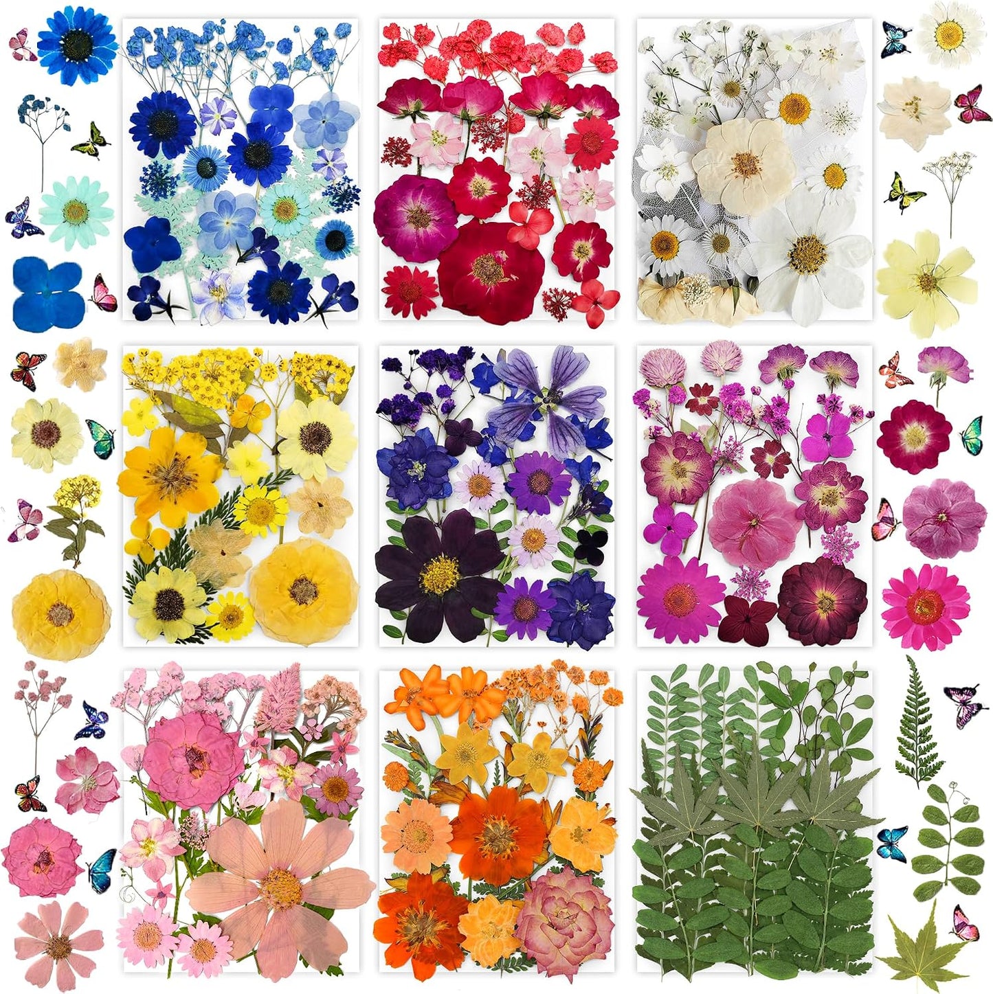 Bulk 410Pcs 11 Packs Mixed Real Natural Dried Pressed Flowers, Leaves & Pressing Floral Butterfly Stickers for Resin Molds, DIY Crafts, Jewelry Making, Candle & Soap Making with Tweezers