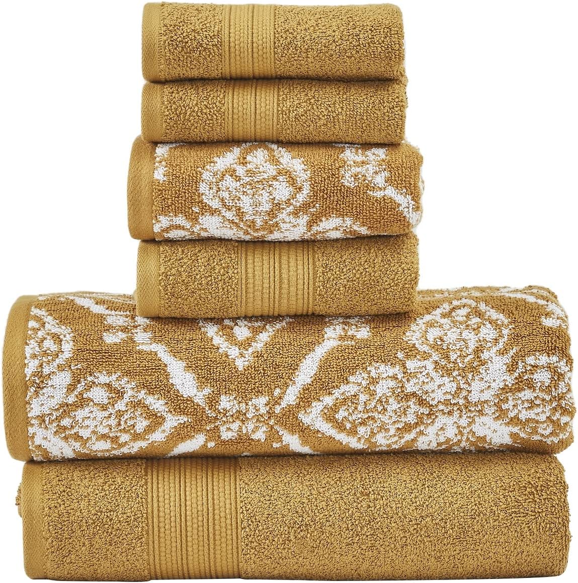 Amaris 6-Piece Reversible Yarn Dyed Jacquard Towel Set - Bath Towels, Hand Towels, & Washcloths - Super Absorbent & Quick Dry - 100% Combed Cotton, Gold