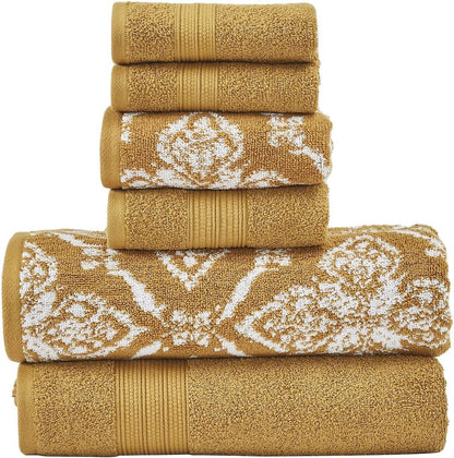 Amaris 6-Piece Reversible Yarn Dyed Jacquard Towel Set - Bath Towels, Hand Towels, & Washcloths - Super Absorbent & Quick Dry - 100% Combed Cotton, Gold