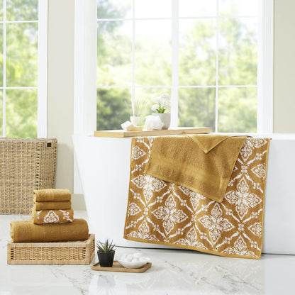 Amaris 6-Piece Reversible Yarn Dyed Jacquard Towel Set - Bath Towels, Hand Towels, & Washcloths - Super Absorbent & Quick Dry - 100% Combed Cotton, Gold