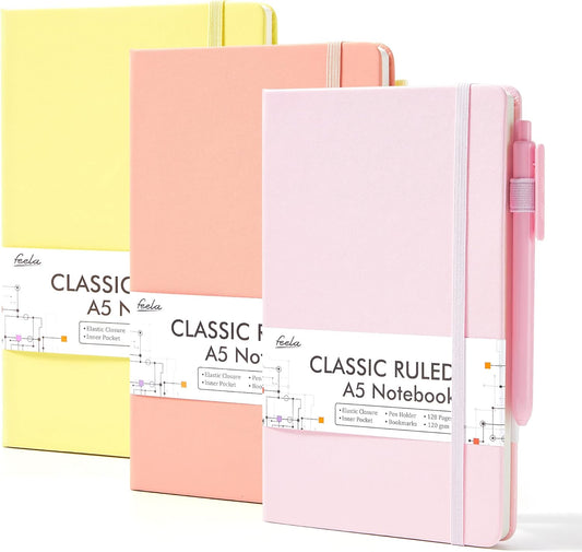 3 Pack Hardcover Notebook For Women, Classic Ruled Lined Journal Set School Business Supplies, with 3 Black Pens, 120 GSM, 5.1”x8.3”, A5, Pastel Colors, Light Yellow, Light Pink, Pale Orange
