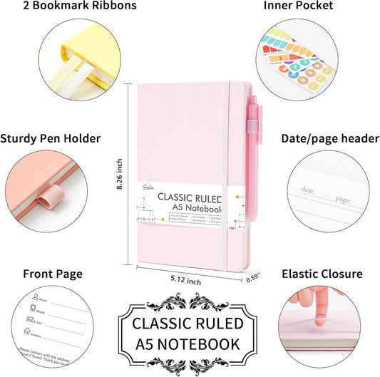 3 Pack Hardcover Notebook For Women, Classic Ruled Lined Journal Set School Business Supplies, with 3 Black Pens, 120 GSM, 5.1”x8.3”, A5, Pastel Colors, Light Yellow, Light Pink, Pale Orange