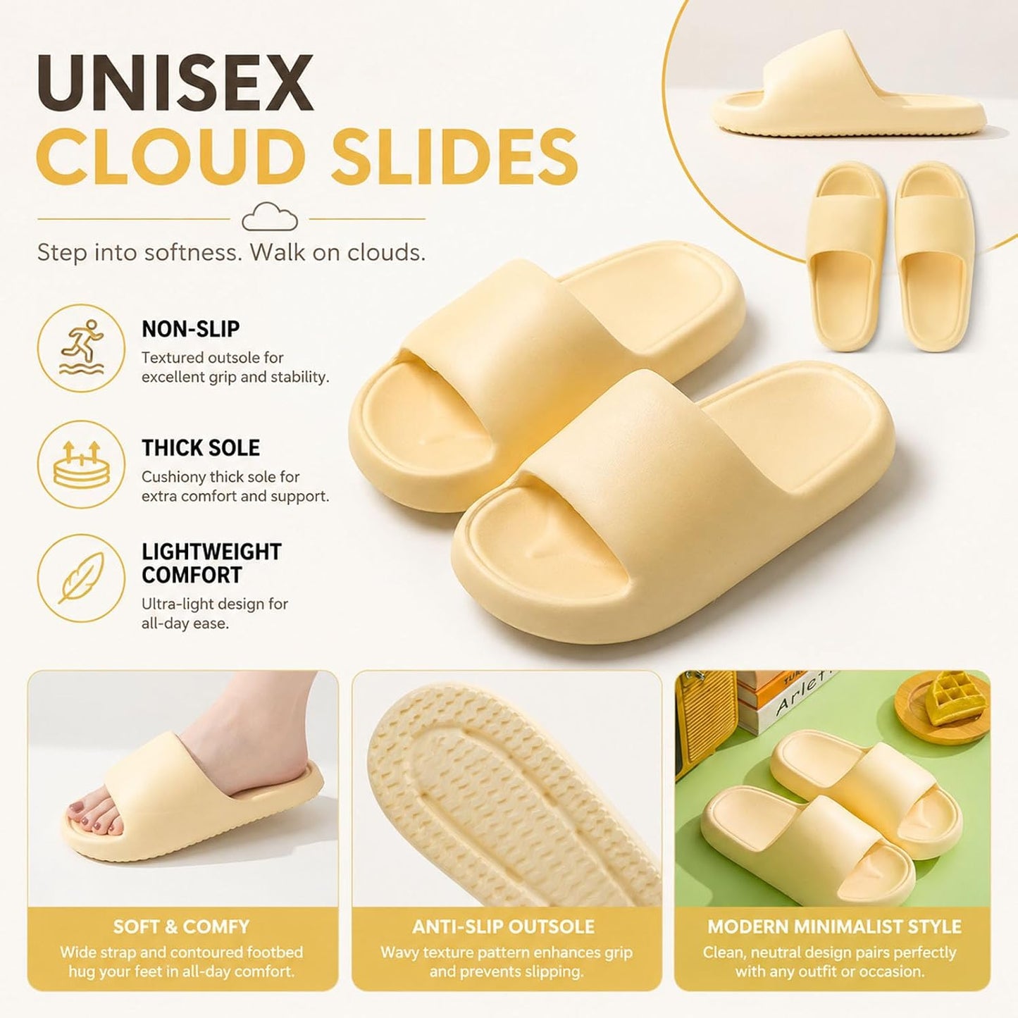 Cloud Slides for Women and Men, Unisex Thick Sole Pillow Slippers - Quick Drying Non-Slip EVA Shower Sandals, Lightweight Cushioned Open Toe Home shoes for Bathroom, Pool, Beach, Indoor & Outdoor