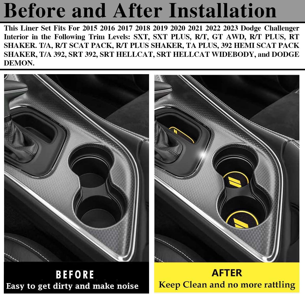 Anti Dust Mats for Dodge Challenger Accessories 2015 2016 2017 2018 2019 2020 2021 2022 2023,Custom Fits Cup Holder Liners Mats Door Pocket Center Console Liners, 11pcs/kit (Yellow)