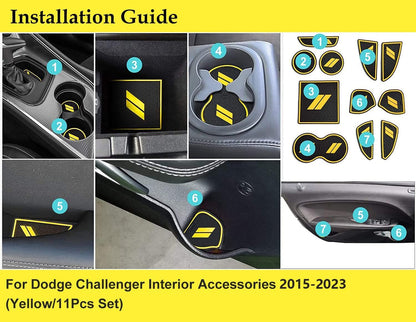 Anti Dust Mats for Dodge Challenger Accessories 2015 2016 2017 2018 2019 2020 2021 2022 2023,Custom Fits Cup Holder Liners Mats Door Pocket Center Console Liners, 11pcs/kit (Yellow)