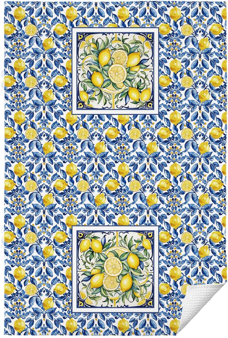 Italian Lemon Hand Towels for Kitchen Bathroom, Lemon Themed Gifts, Blue and Yellow Summer Mediterranean Amalfi Coast Tile Decorative Kitchen Dish Towels, 16x24 Inch