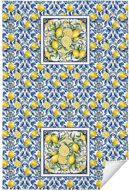 Italian Lemon Hand Towels for Kitchen Bathroom, Lemon Themed Gifts, Blue and Yellow Summer Mediterranean Amalfi Coast Tile Decorative Kitchen Dish Towels, 16x24 Inch