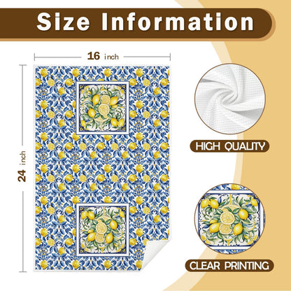 Italian Lemon Hand Towels for Kitchen Bathroom, Lemon Themed Gifts, Blue and Yellow Summer Mediterranean Amalfi Coast Tile Decorative Kitchen Dish Towels, 16x24 Inch