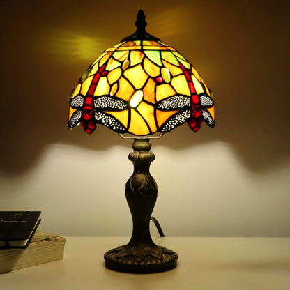 Tiffany Table Lamp Dragonfly Style Yellow Stained Glass Accent Lamp Bronze Resin Base 8X8X14 Inch