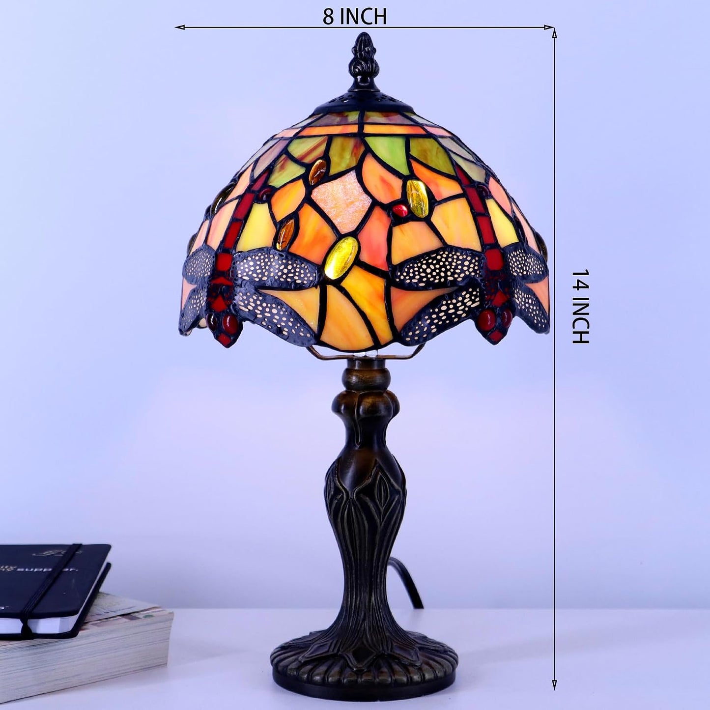 Tiffany Table Lamp Dragonfly Style Yellow Stained Glass Accent Lamp Bronze Resin Base 8X8X14 Inch