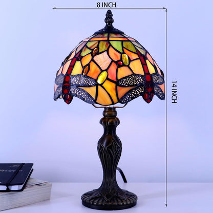 Tiffany Table Lamp Dragonfly Style Yellow Stained Glass Accent Lamp Bronze Resin Base 8X8X14 Inch