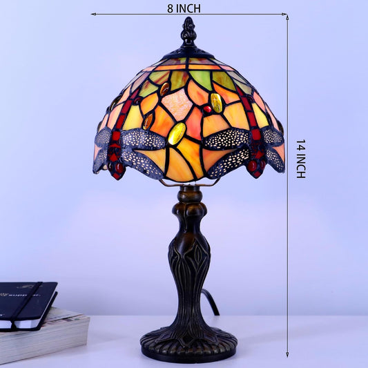 Tiffany Table Lamp Dragonfly Style Yellow Stained Glass Accent Lamp Bronze Resin Base 8X8X14 Inch