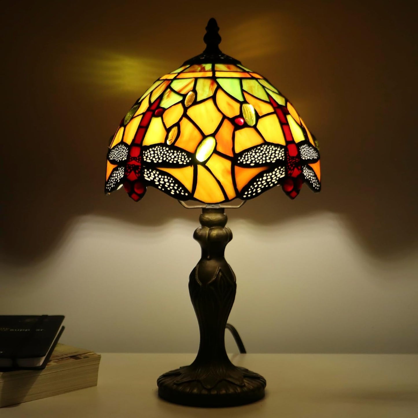 Tiffany Table Lamp Dragonfly Style Yellow Stained Glass Accent Lamp Bronze Resin Base 8X8X14 Inch