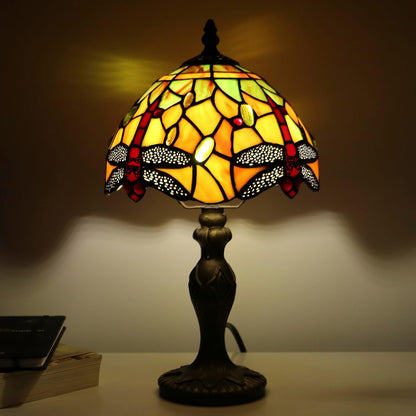 Tiffany Table Lamp Dragonfly Style Yellow Stained Glass Accent Lamp Bronze Resin Base 8X8X14 Inch