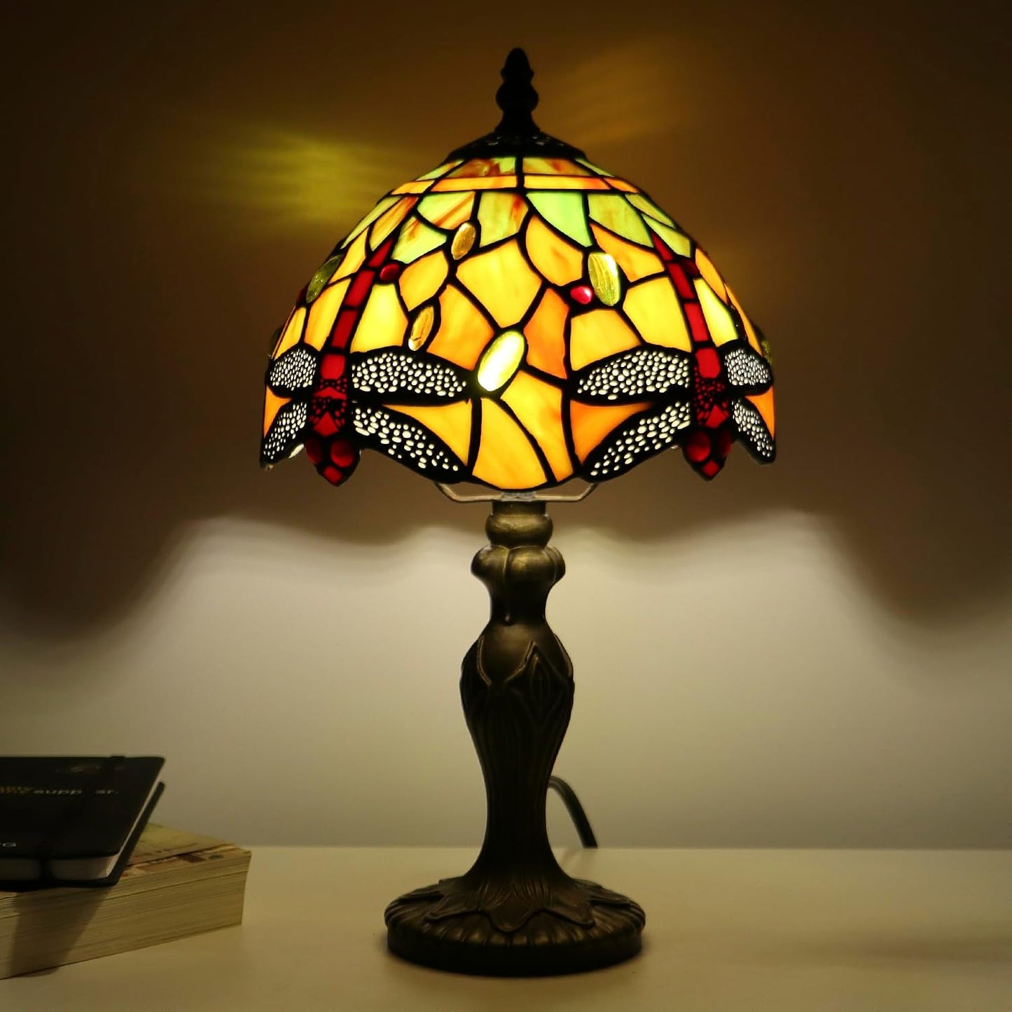 Tiffany Table Lamp Dragonfly Style Yellow Stained Glass Accent Lamp Bronze Resin Base 8X8X14 Inch