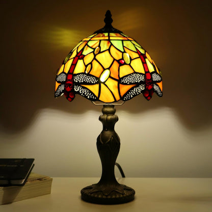 Tiffany Table Lamp Dragonfly Style Yellow Stained Glass Accent Lamp Bronze Resin Base 8X8X14 Inch
