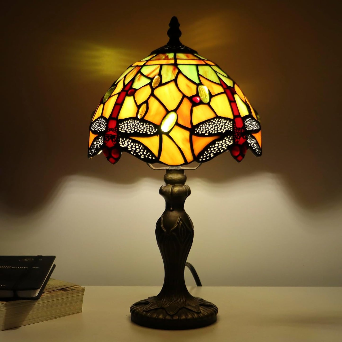 Tiffany Table Lamp Dragonfly Style Yellow Stained Glass Accent Lamp Bronze Resin Base 8X8X14 Inch