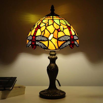 Tiffany Table Lamp Dragonfly Style Yellow Stained Glass Accent Lamp Bronze Resin Base 8X8X14 Inch