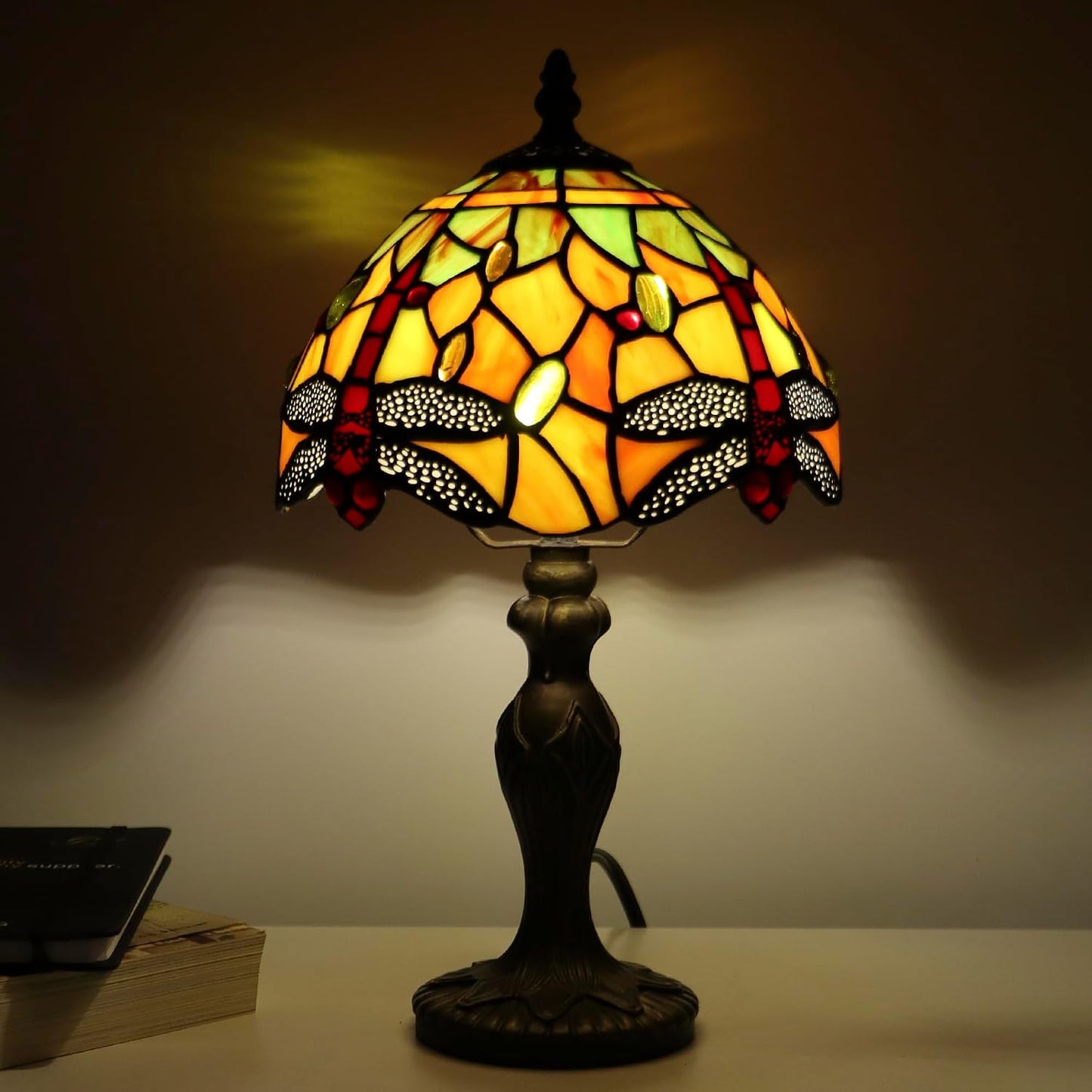 Tiffany Table Lamp Dragonfly Style Yellow Stained Glass Accent Lamp Bronze Resin Base 8X8X14 Inch