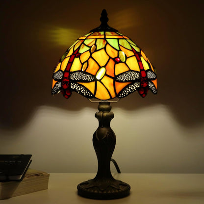 Tiffany Table Lamp Dragonfly Style Yellow Stained Glass Accent Lamp Bronze Resin Base 8X8X14 Inch