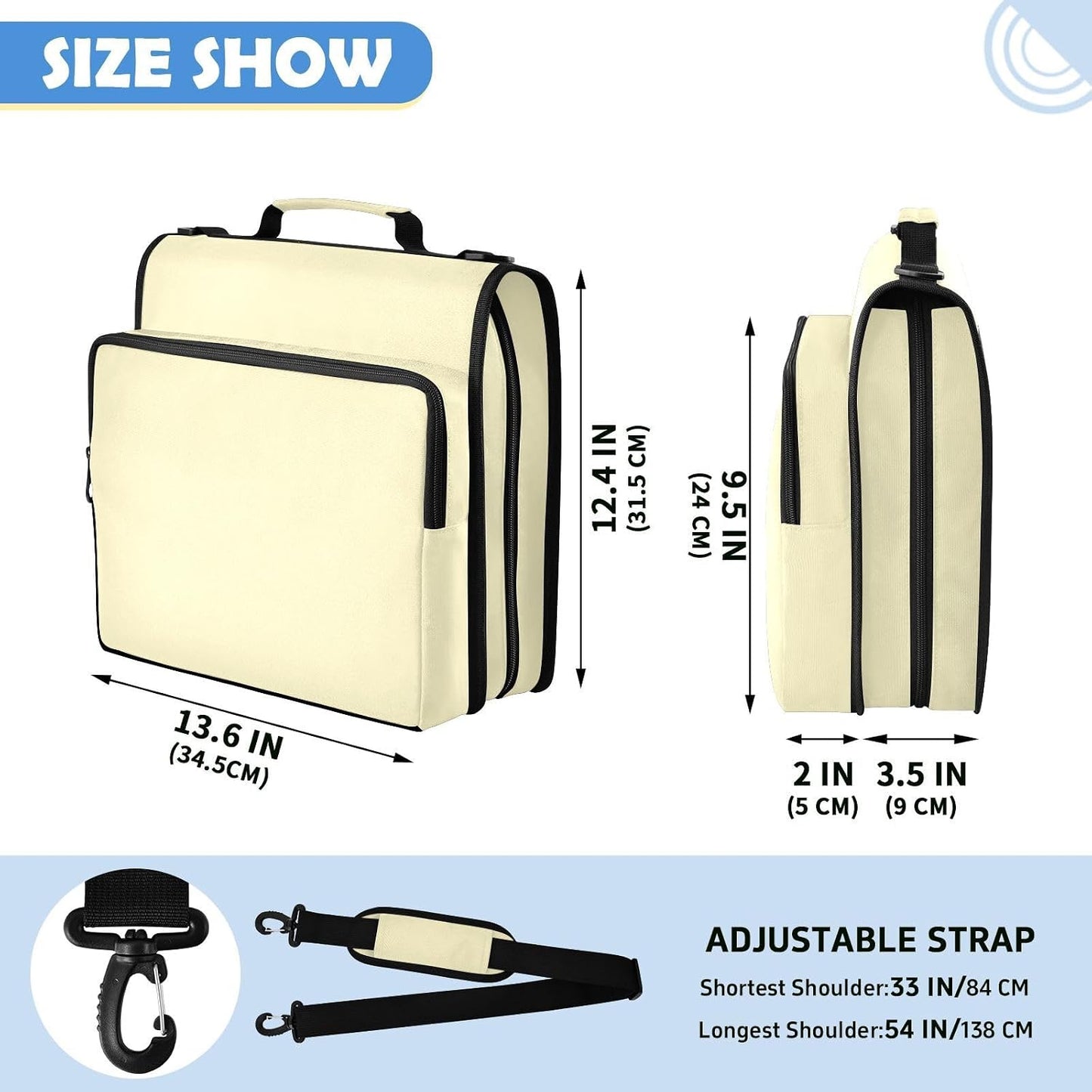 Light Yellow Zipper Binder Bag 2 Inch Binders Organizer for Office | Large Capacity School Binders for Women Girls Boys Kids Men, Organizer Case with Shoulder Strap & Pockets for Students