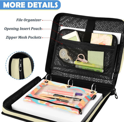 Light Yellow Zipper Binder Bag 2 Inch Binders Organizer for Office | Large Capacity School Binders for Women Girls Boys Kids Men, Organizer Case with Shoulder Strap & Pockets for Students