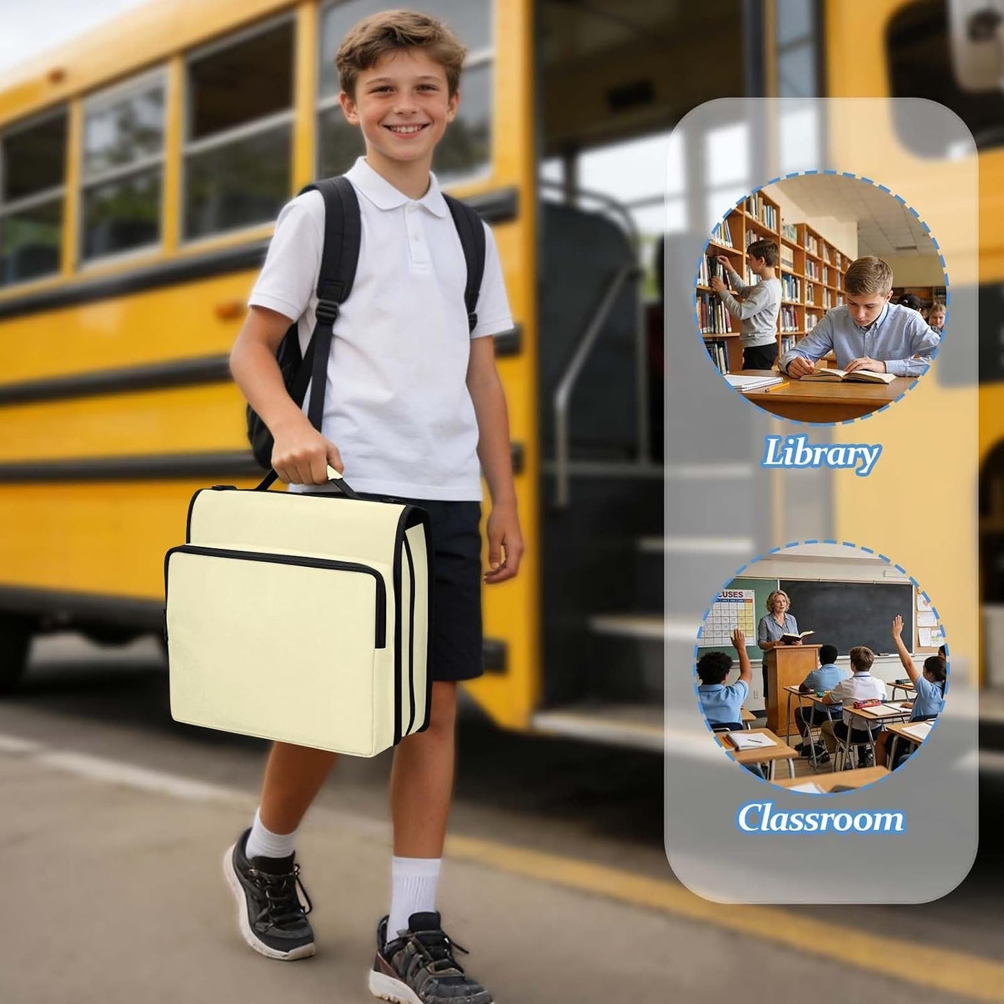 Light Yellow Zipper Binder Bag 2 Inch Binders Organizer for Office | Large Capacity School Binders for Women Girls Boys Kids Men, Organizer Case with Shoulder Strap & Pockets for Students