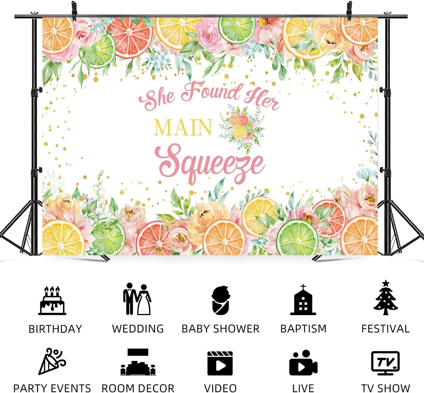 6x4ft She Found Her Main Squeeze Backdrop Lemon Citrus Bridal Shower Photography Background Bachelorette Wedding Engagement Party Banner Decorations Bride to Be Portrait Photo Booth Prop