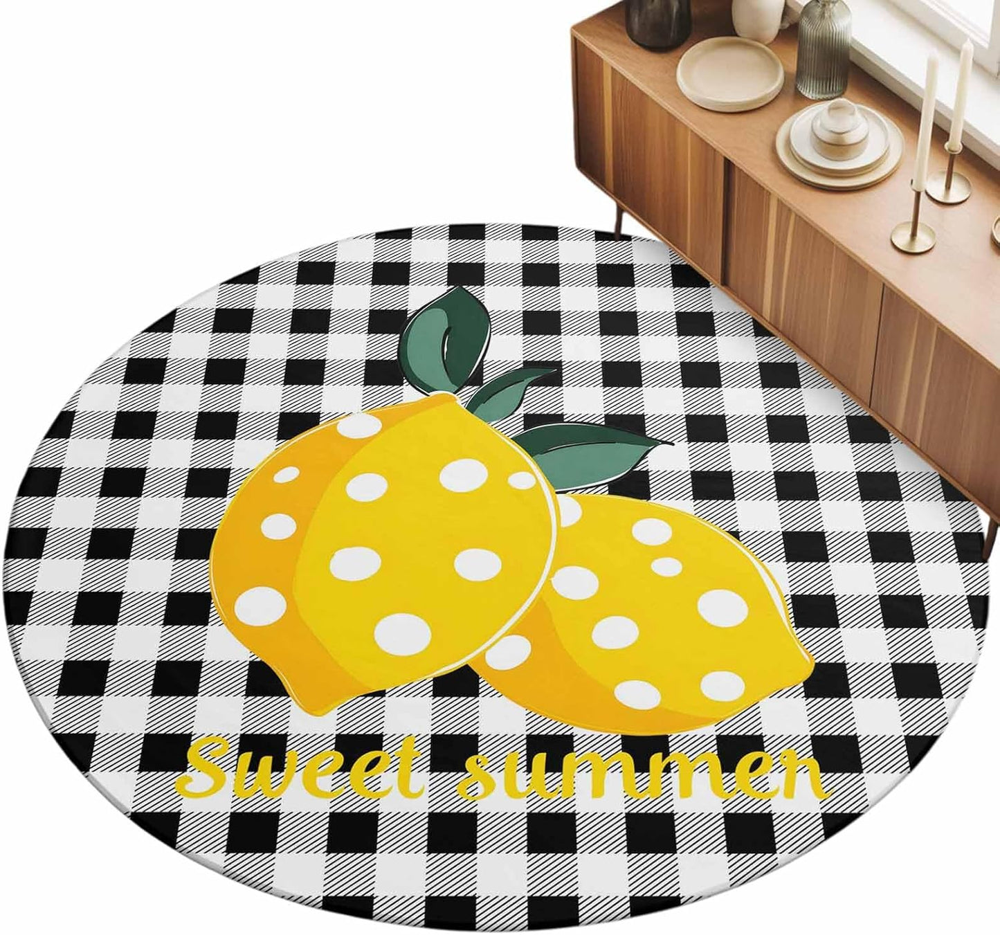 Summer Fruit Round Area Rugs for Living Room 3FT Washable Non Slip Indoor Rug for Bedroom Home Decor Carpets Farmhouse Dots Lemon Black Check Soft Polyester for Dining Room Home Oficce