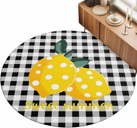 Summer Fruit Round Area Rugs for Living Room 3FT Washable Non Slip Indoor Rug for Bedroom Home Decor Carpets Farmhouse Dots Lemon Black Check Soft Polyester for Dining Room Home Oficce