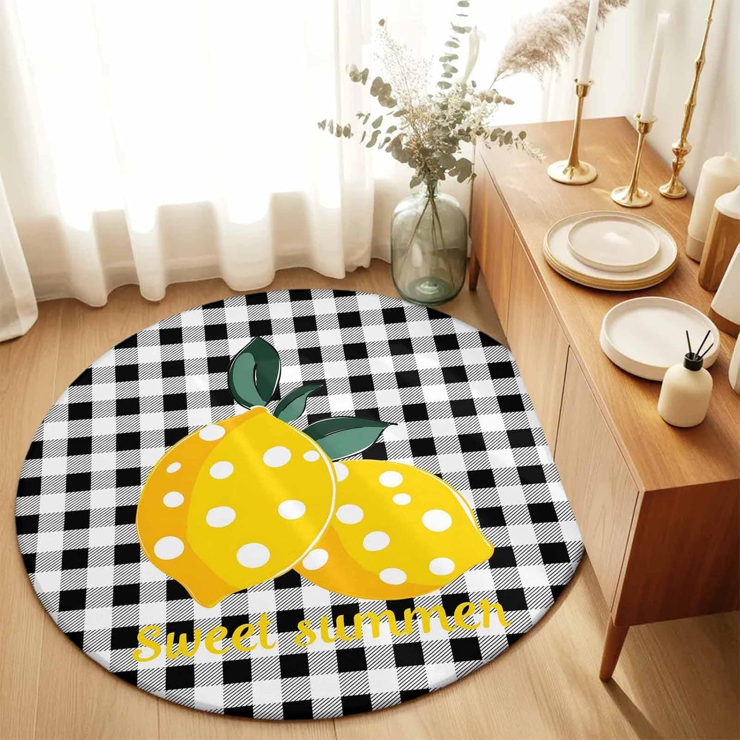 Summer Fruit Round Area Rugs for Living Room 3FT Washable Non Slip Indoor Rug for Bedroom Home Decor Carpets Farmhouse Dots Lemon Black Check Soft Polyester for Dining Room Home Oficce