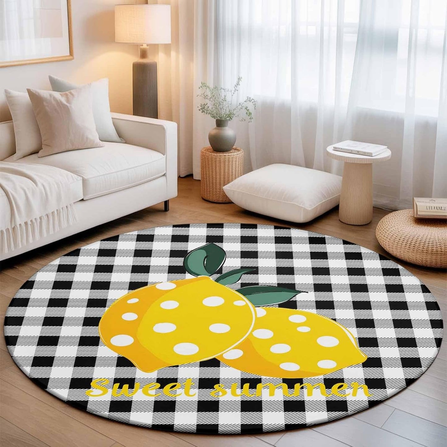 Summer Fruit Round Area Rugs for Living Room 3FT Washable Non Slip Indoor Rug for Bedroom Home Decor Carpets Farmhouse Dots Lemon Black Check Soft Polyester for Dining Room Home Oficce