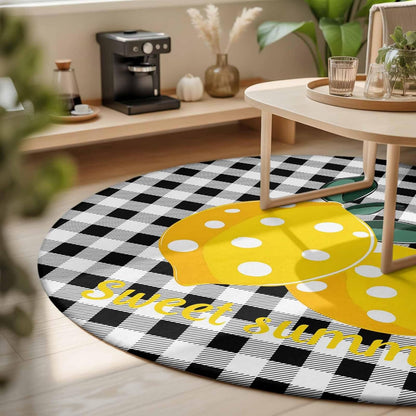 Summer Fruit Round Area Rugs for Living Room 3FT Washable Non Slip Indoor Rug for Bedroom Home Decor Carpets Farmhouse Dots Lemon Black Check Soft Polyester for Dining Room Home Oficce