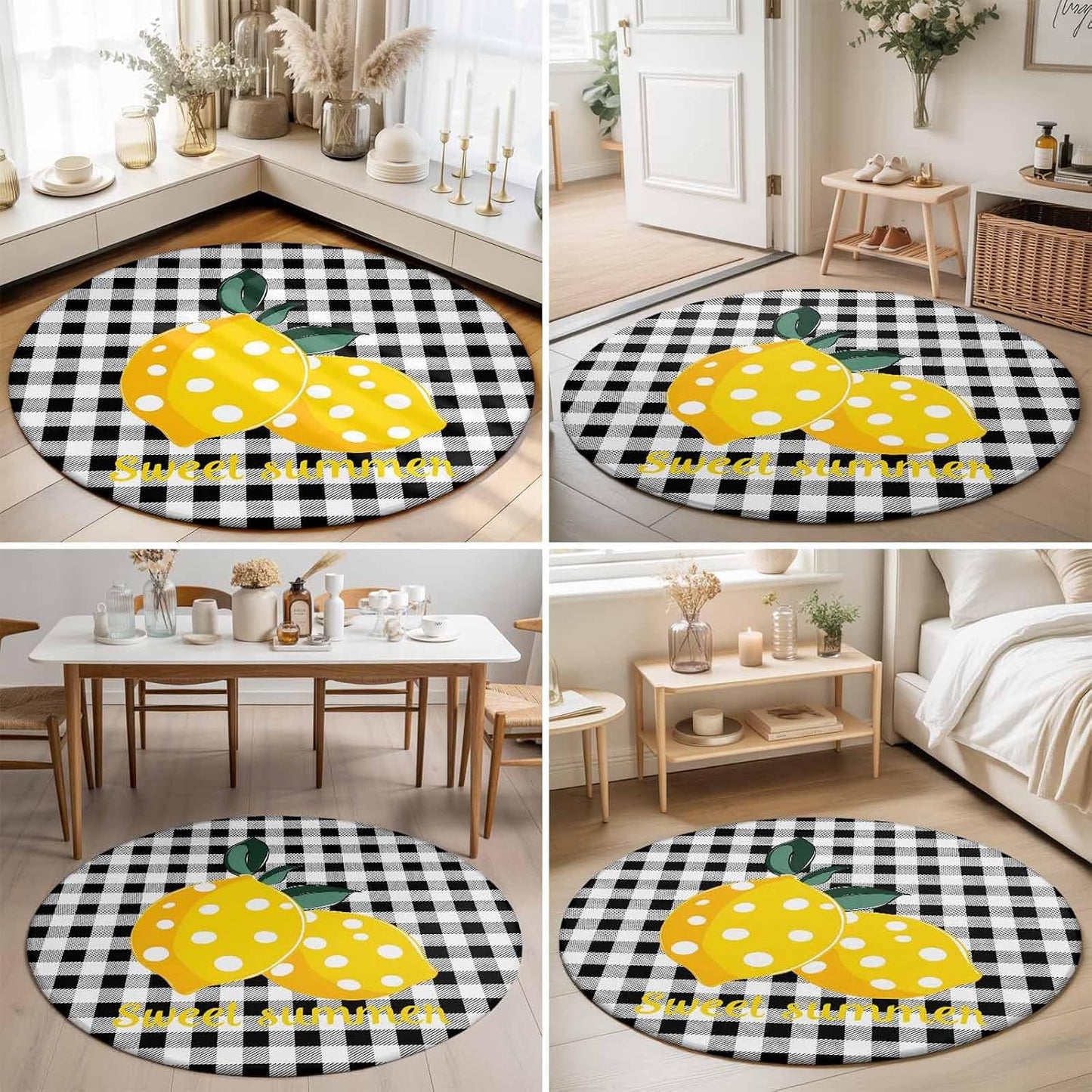 Summer Fruit Round Area Rugs for Living Room 3FT Washable Non Slip Indoor Rug for Bedroom Home Decor Carpets Farmhouse Dots Lemon Black Check Soft Polyester for Dining Room Home Oficce