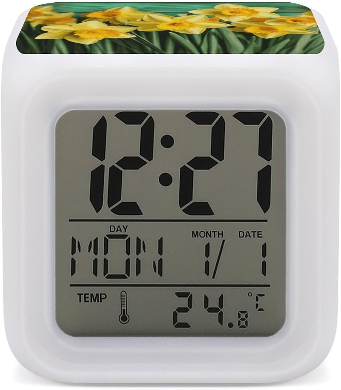 Cube Alarm Clock Creative 7 Colour LED Digital Clock with Temperature | Yellow Daffodils Flowers Bedside Electronic Clock Battery Operated Mute Luminous Alarm Clock Adjustable Light