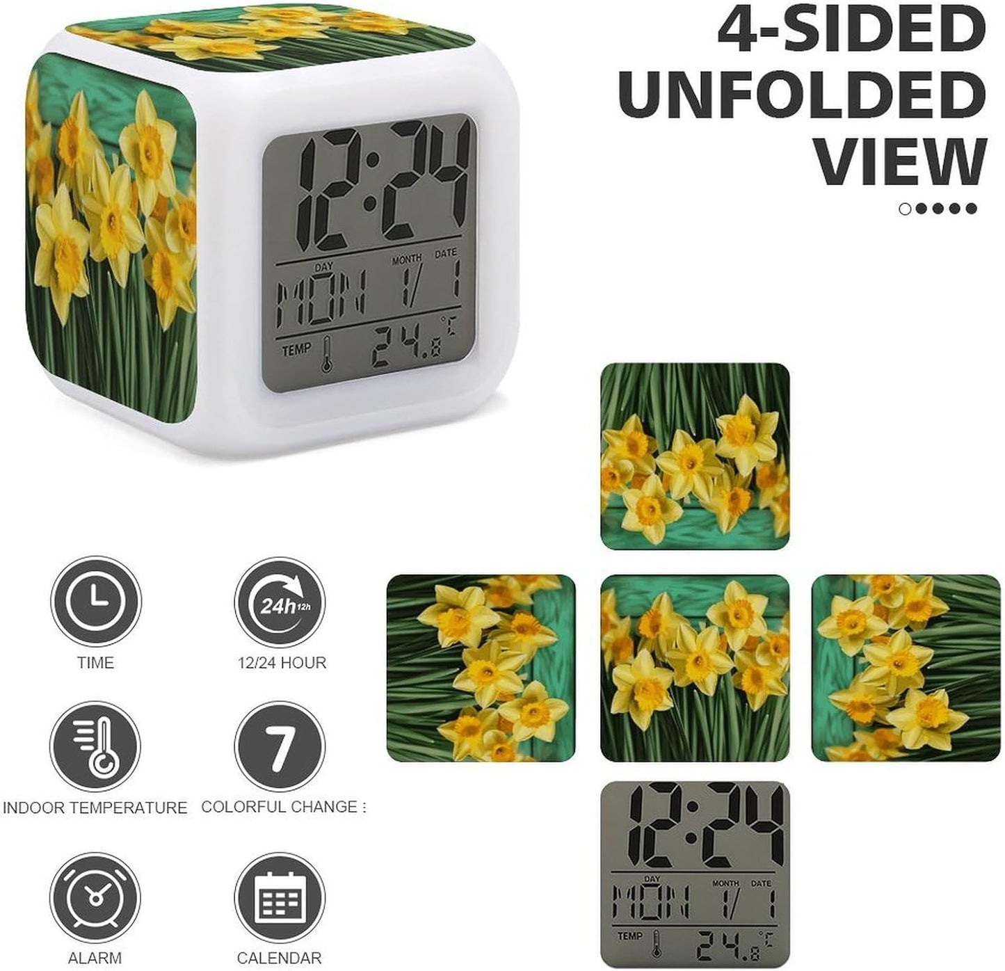 Cube Alarm Clock Creative 7 Colour LED Digital Clock with Temperature | Yellow Daffodils Flowers Bedside Electronic Clock Battery Operated Mute Luminous Alarm Clock Adjustable Light