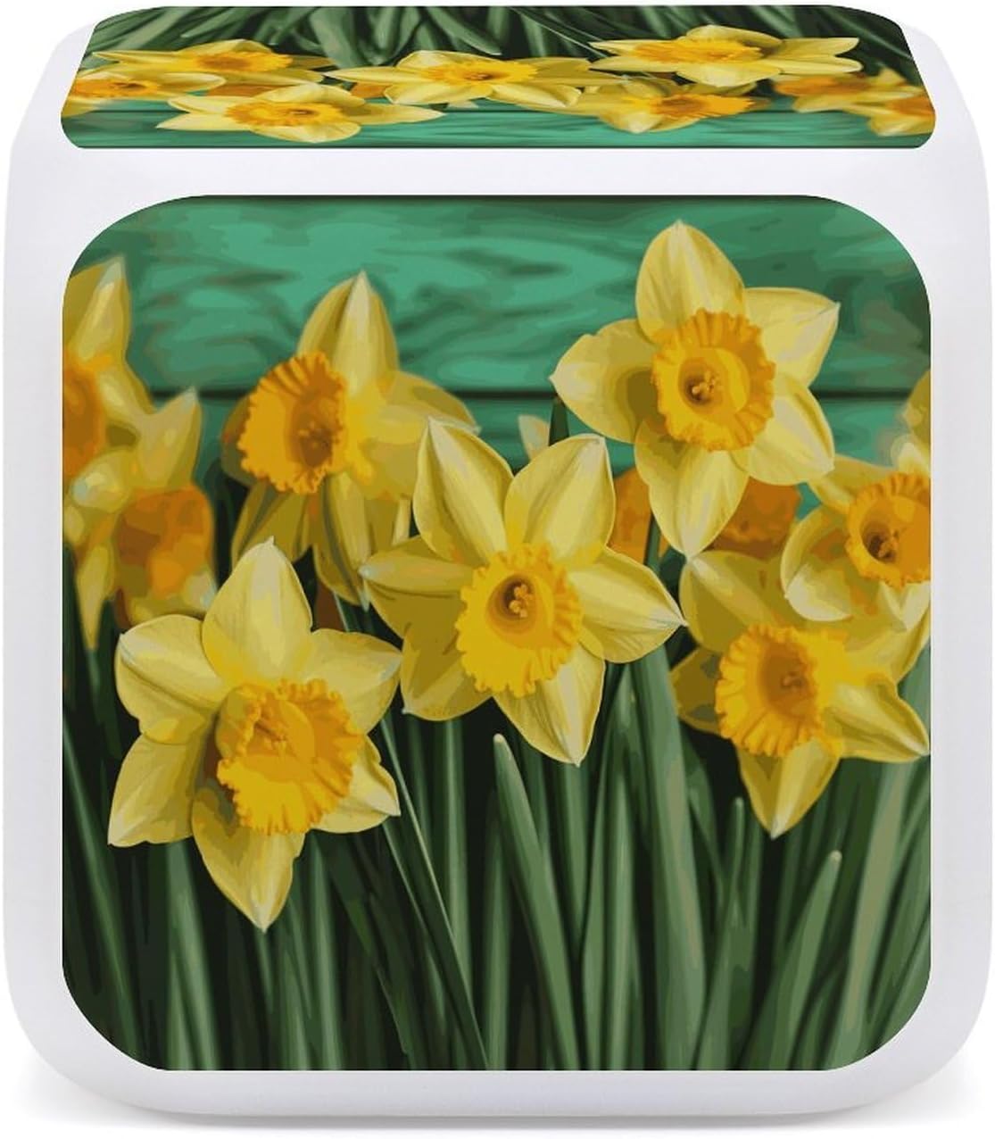 Cube Alarm Clock Creative 7 Colour LED Digital Clock with Temperature | Yellow Daffodils Flowers Bedside Electronic Clock Battery Operated Mute Luminous Alarm Clock Adjustable Light